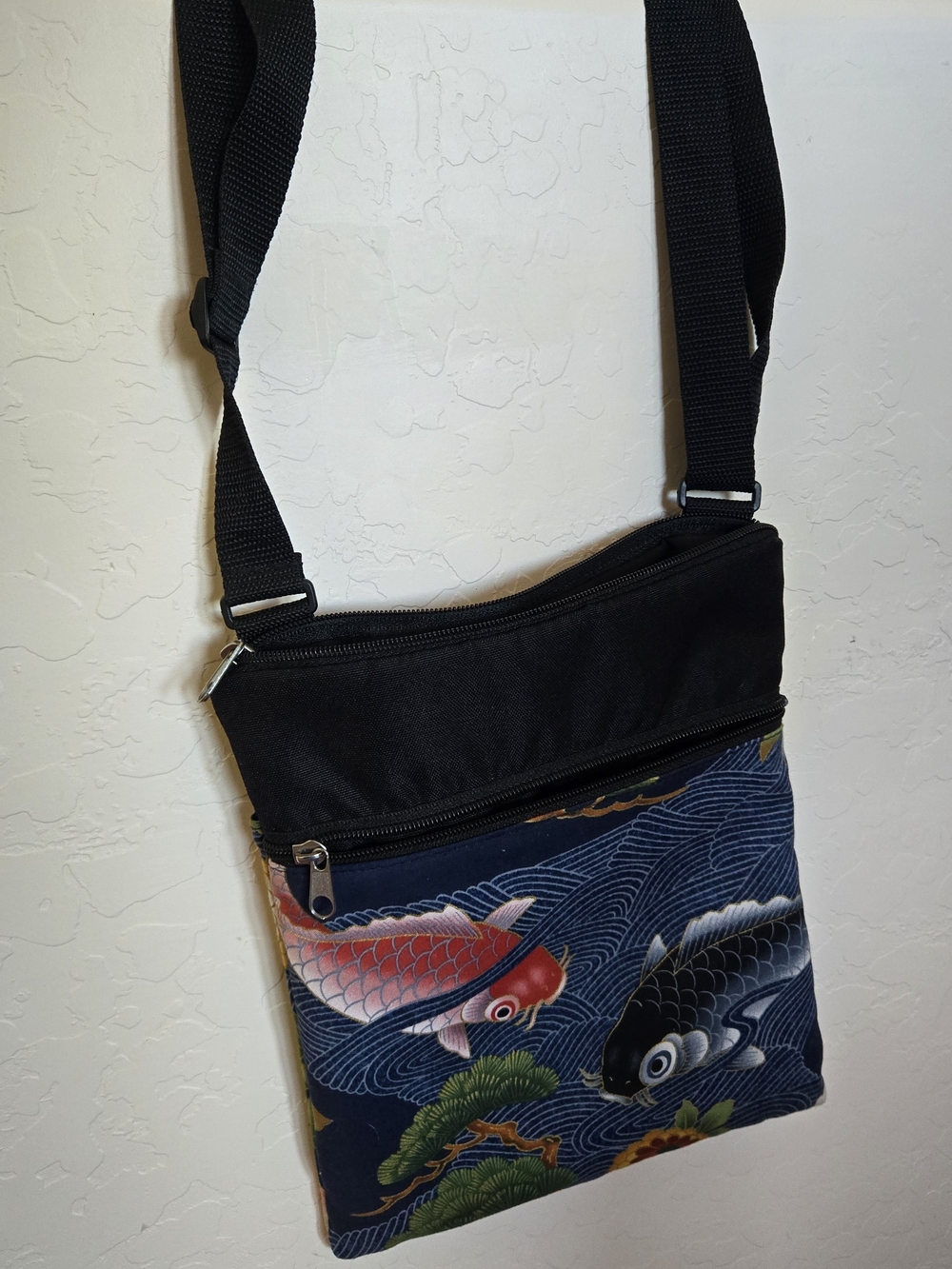 Black and Navy Crossbody Bag with Koi Fish Print